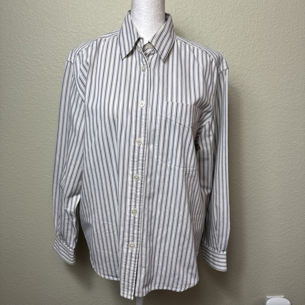 Vintage Lizsport Striped Button Up Shirt M White Blue Cotton‎ Pleated Back